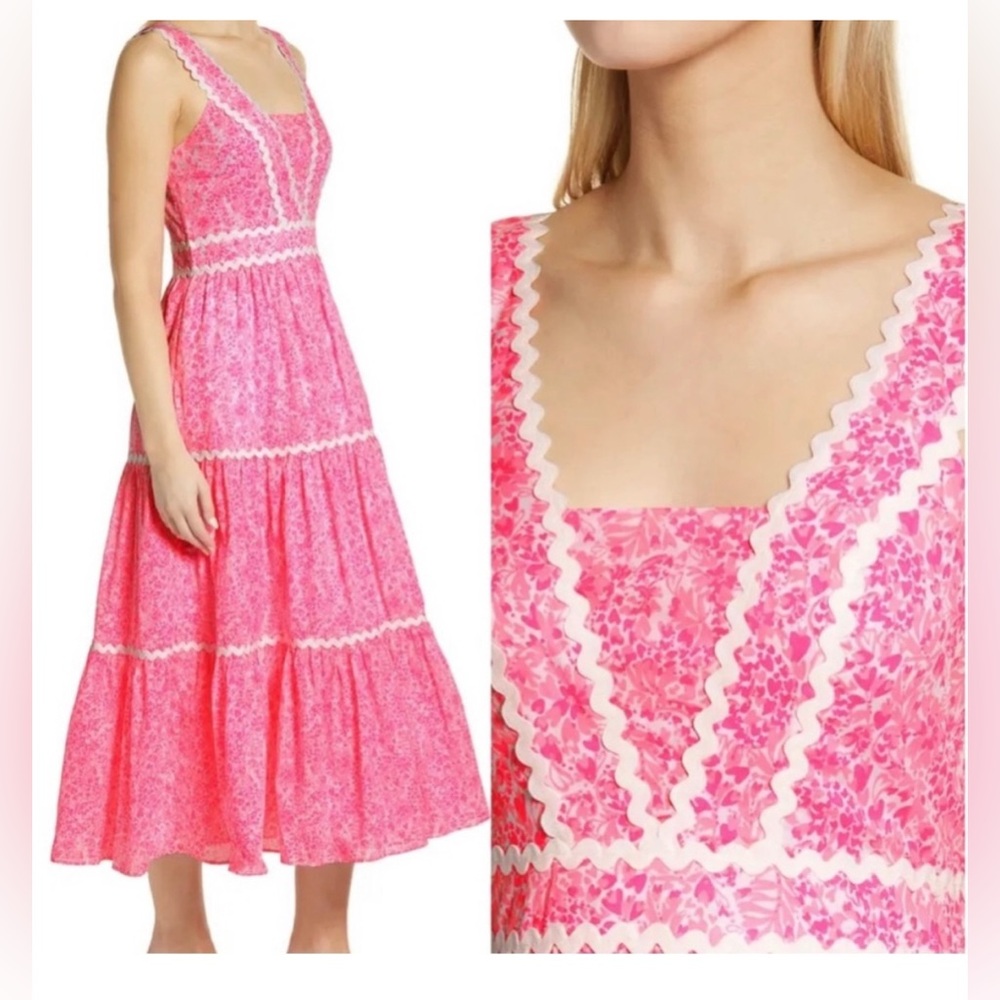 New Lilly Pulitzer Womens Pollie Cotton Midi Dress Pink Shandy Invest A Gator 6 - Picture 2 of 4
